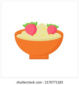 Children nutrition flat icon. Organic porridge for kids with strawberries. Healthy menu. Baby food concept. Color vector illustration