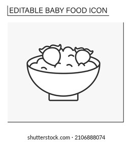 Children Nutrition Line Icon. Organic Porridge For Kids With Strawberries. Healthy Menu. Baby Food Concept. Isolated Vector Illustration. Editable Stroke