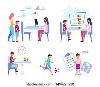 Children obesity problem flat vector illustrations set. Mother and son visiting nutritionist isolated cartoon characters. Dietitian prescribing healthy nutrition ingredients, physical activity