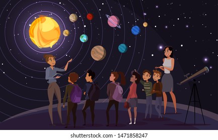 Children in observatory flat vector illustration. Teacher, classmates and tour guide cartoon characters. School trip to planetarium, kids on excursion. Astronomy lesson, solar system exploration