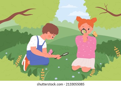 Children Observe Nature With Magnifying Glasses. Boy And Girl Holding Cute Insect, Butterfly And Leaf In Hand, Kids Explore Spring Garden Flat Vector Illustration. Discovery, Biology, Hobby Concept