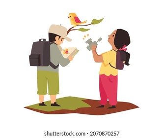 Los niños observan la naturaleza y estudian las aves silvestres. Club de jóvenes botánicos o naturalistas explorando la naturaleza, ilustración plana vectorial aislada en fondo blanco.