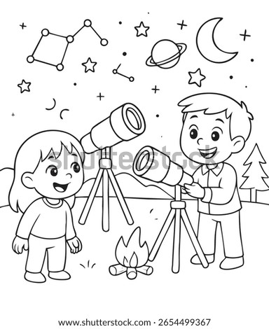 Children observing the night sky with telescopes and constellations. A charming educational coloring page for kids with clear outlines. 