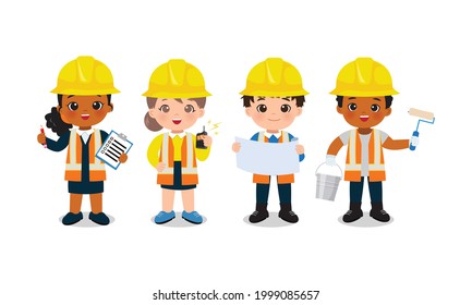 Children occupation clip art. Team of engineer and builder. Flat vector character cartoon design