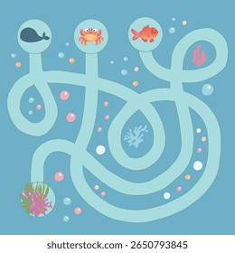 Children ocean maze game.Kid's paper play labyrinth with fish,crab. Nautical Educational page.Cute puzzle game for kid vector illustration
