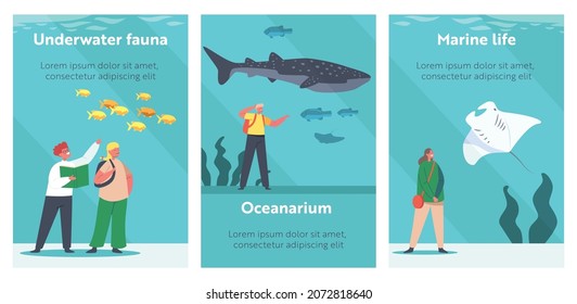 Children in Oceanarium Cartoon Posters. Little Characters Learn Marine Flora and Fauna, Underwater and Sea Animals. Kids Looking at Ocean Fishes behind of Aquarium Glass. People Vector Illustration