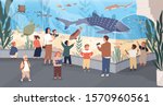Children in oceanarium flat vector illustration. Parents and kids looking at ocean fishes cartoon characters. Aquarium, marine flora and fauna, underwater fish and sea animals variety.