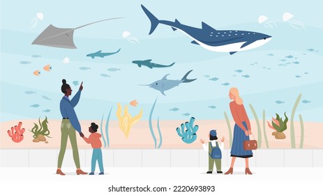 Children in oceanarium flat vector illustration. People visitors watching underwater scenery with sea animals in oceanarium. Underwater fish, aquarium and marine flora and fauna