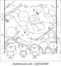 Children at the oceanarium looking at the sea animals. Vector black and white coloring page.