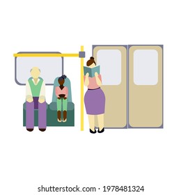Children and old persons should seat on the subway carriage in Flat design style, people different ages daily using underground for prints, patterns, stickers, booklets, decor for social media.