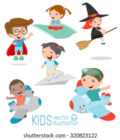 children on Airplane Ride, Kid Riding a Paper Plane, Kids Riding a Flying Carpet, Kids fly,Superhero kid, witch,  kids time.isolated on white background, Vector Illustration.