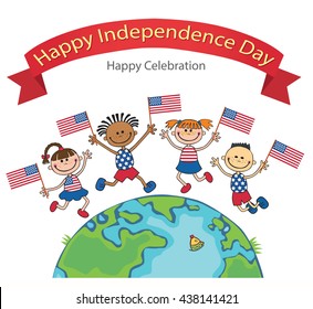 children on American flags banner independence day vector english background globe