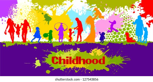 Children on the background of multicolored spots of paint