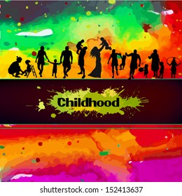 Children on the background of multicolored spots of paint 