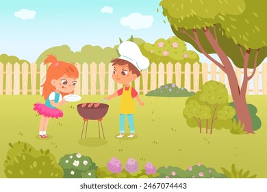 Children on barbecue party in garden backyard. House yard with kids, grill, fence, green grass lawn, trees, flowers and bushes. Outdoor patio for BBQ summer parties. Cartoon vector illustration.