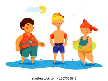 Children on the beach - colorful flat design style illustration with cartoon characters. Happy boys and girl wearing swimwear, life vest, armbands and inner tube. Summer vacation, safe swimming idea