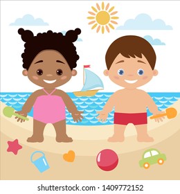 Children on the beach flat color vector illustration. Summer vacation. Children's entertainment, leisure. Children's camp.