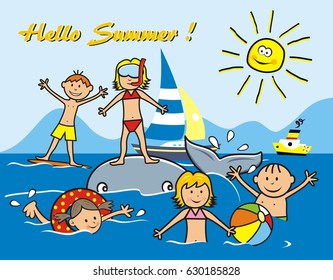 Children on the beach, postcard, vector icon