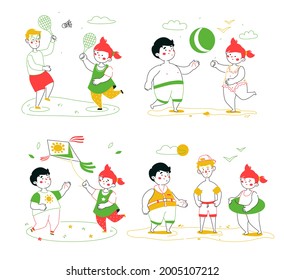 Children on the beach - set of colorful line design style illustration with cartoon characters. Happy boys and girl on summer vacation, doing sports and having fun. Playing badminton, ball and bathing