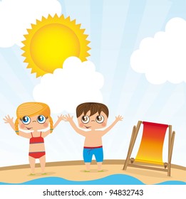 Children on a beach vacation, vector illustration