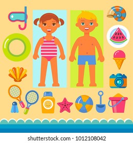 children on beach vacation.Flat style icons.  Vector cartoon boy and girl with toys, shells, starfish , ice-cream, watermelon and sunscreen