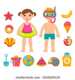 children on beach vacation.Flat style icons.  Vector cartoon boy and girl with toys, shells, starfish , ice-cream, watermelon and sunscreen