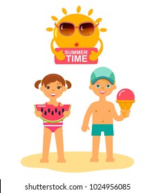 children on beach vacation.Flat style icons.  Vector cartoon boy and girl holding in hands  ice-cream and watermelon 