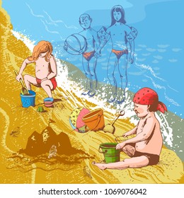 Children on the beach, vector illustration, each element on a separate layer. 