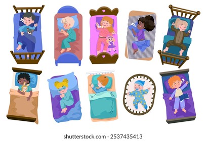 Kinder auf dem Bett Draufsicht. Kinder schlafen nachts. Baby Umarmungskissen. Entspannen mit Spielzeug. Kleine Figur träumt im Schlafzimmer. Menschen, die unter Decken liegen. Schlafanzug bei Nacht. Vektor schläfrig Personen gesetzt