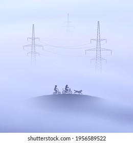 Children on bicycles and dog. Boy and girl on bike. Transmission tower