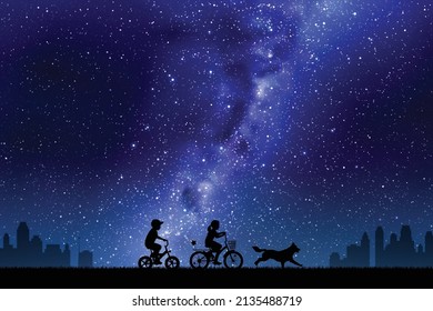 Children on bicycles. Little boy, girl and dog. Milky Way at night sky