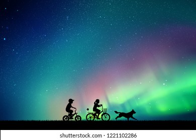 Children on bicycles and running dog in park at night. Vector illustration with silhouettes of boy and girl on bikes. Northern lights in starry sky. Colorful aurora borealis