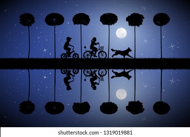 Children on bicycles and running dog on moonlit night. Vector illustration with silhouettes of boy and girl on bikes in park. Full moon in starry sky