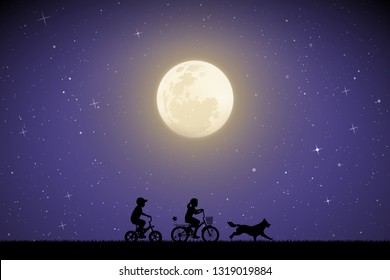 Children on bicycles and running dog on moonlit night. Vector illustration with silhouettes of boy and girl on bikes in park. Full moon in starry sky