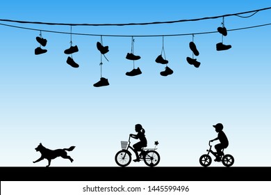 Children on bicycles and running dog under shoes on wires. Vector illustration with silhouettes of boy and girl on bikes. Family road trip. Blue pastel background
