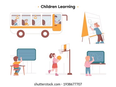 Children on a big yellow bus go to school. A young boy raises his hand at school. little girl with pigtails draws with chalk on a blackboard. A girl with yellow ball playing basketball. 
