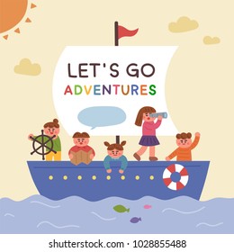 Children on a boat ride adventure. hand drawing style vector illustration flat design