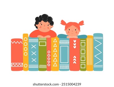 Children on books. Reading, literature, education concept.