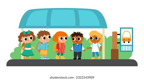 Children on a busstop waiting for the school bus. Vector bus stop icon. Cartoon public transport station. City or countryside transportation clipart with kids. Cute comfortable destination point
