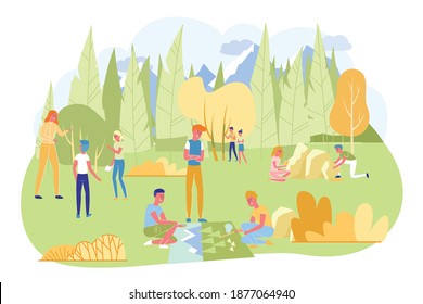 Children on Camping Trip with Geography Teacher in Forest Flat Cartoon Vector Illustration. Kids Learning how to Navigate by Compass and Maps. Walking in Nature. Outside or Outdoor Lesson.