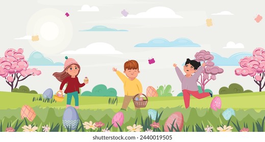 Niños en una cacería de huevos al aire libre en el día soleado, flores y mariposas alrededor. Ilustración de Pascua 