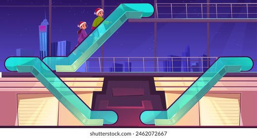 Children on escalator in shopping mall. Vector cartoon illustration of boy and girl in Santa hats running on glass staircase, moving to next level in Christmas game, night cityscape view in window