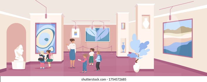 Children On Excursion Flat Color Vector Illustration. Art Gallery Exhibition. Public Community Center. School Kids With Guide 2D Cartoon Characters With Museum Interior On Background