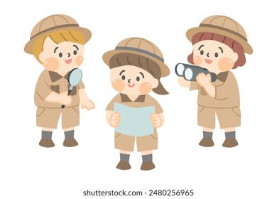 Children on an expedition holding magnifying glasses, binoculars and a map.