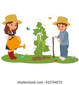  Children on a farm to care for plants. vector