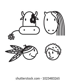 Children on the Farm. Doodle Vector Head Icon Set: Cow, Horse, Boys