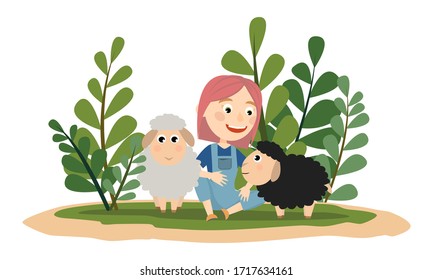 Children on the farm. Pink Hair Girl are playing with two fluffy lambs with black and gray fur. Pet. Vector children cartoon illustration