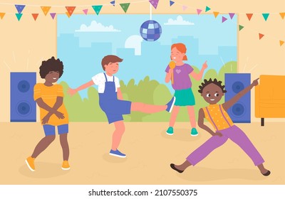 Children On Fun Dance Party Vector Illustration. Cartoon Little Girl Singing Karaoke, Group Of Boys Dancing To Music, Excited Funny Kids Dancers Jumping And Laughing Together. Happy Childhood Concept