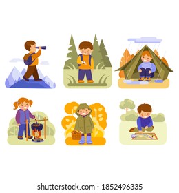 Children on a hike. Set of vector illustrations on the theme of travel, adventure.