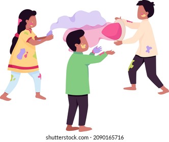 Children on Holi festival semi flat color vector characters. Dynamic figures. Full body people on white. Celebration isolated modern cartoon style illustration for graphic design and animation